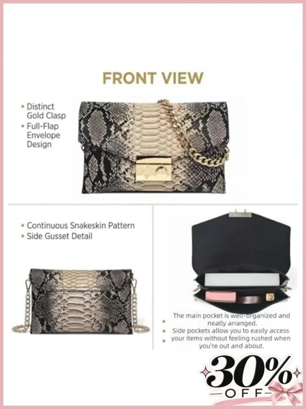 Snake Print Leather Crossbody Bag Chain Strap Evening Clutch Purse